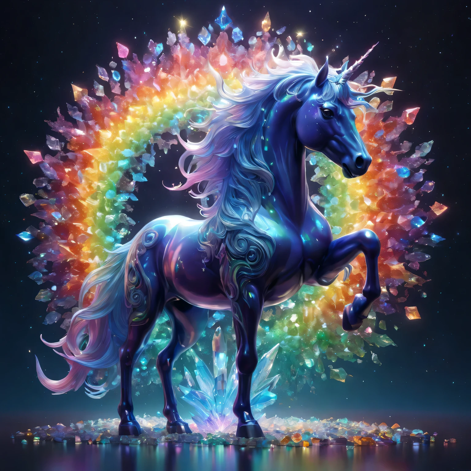 Crystal unicorn standing in front of colorful swirls，(Made of rainbow crystals)，bioluminescent organisms, iridescent colors and glowing scales, Obras de arte intrincadas . Rendered by Octane, Popular topics on artstationh,T symmetrical artwork. (night,starry sky,starlight, background with)normal, Surrealism, high detail, Rendered by Octane, 32k, bright colors, Broken glass effect, Astonishing, Wonderful presence, vitality, molecular, textured, Pure perfection, divine being, memorable, touch, Volumetric light, Rays, bright colors反射