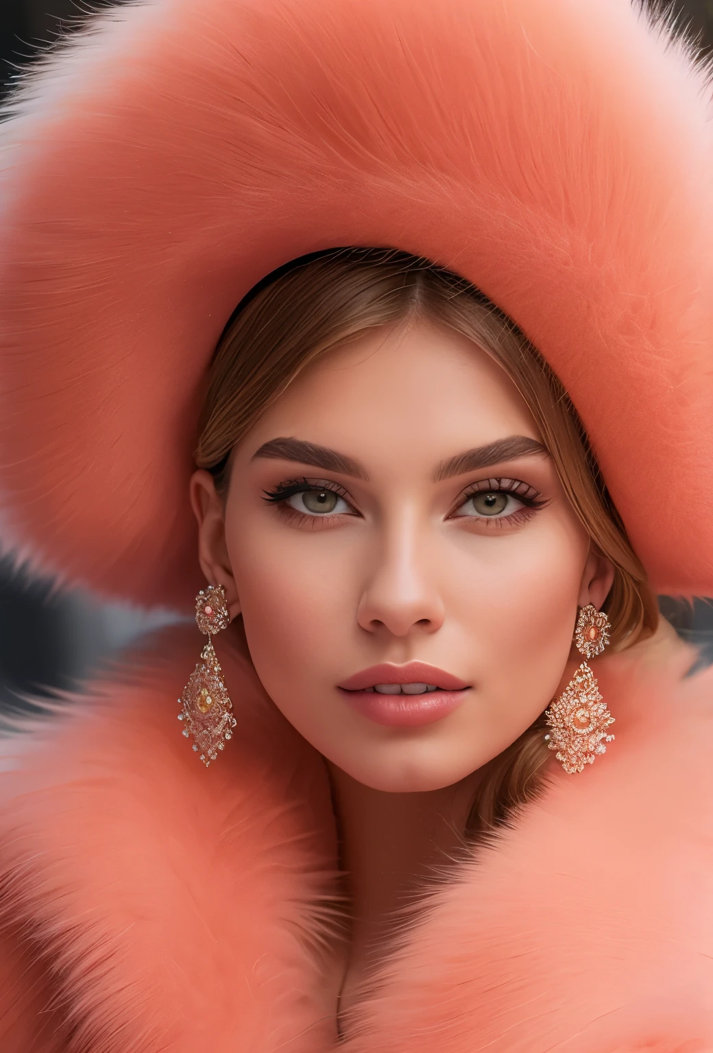 a close up of a woman wearing a Salmon Pink hat and earrings, sleek dark fur, Salmon Pink Fur, Russian style, very beautiful fur, fine fur, Dasha Taran, dark fur, Fur details, top hat, Anastasia Ovchinnikova, Salmon Pink hat, synthetic fur, Elena Belova, wearing a top hat, Julia Gorokhova