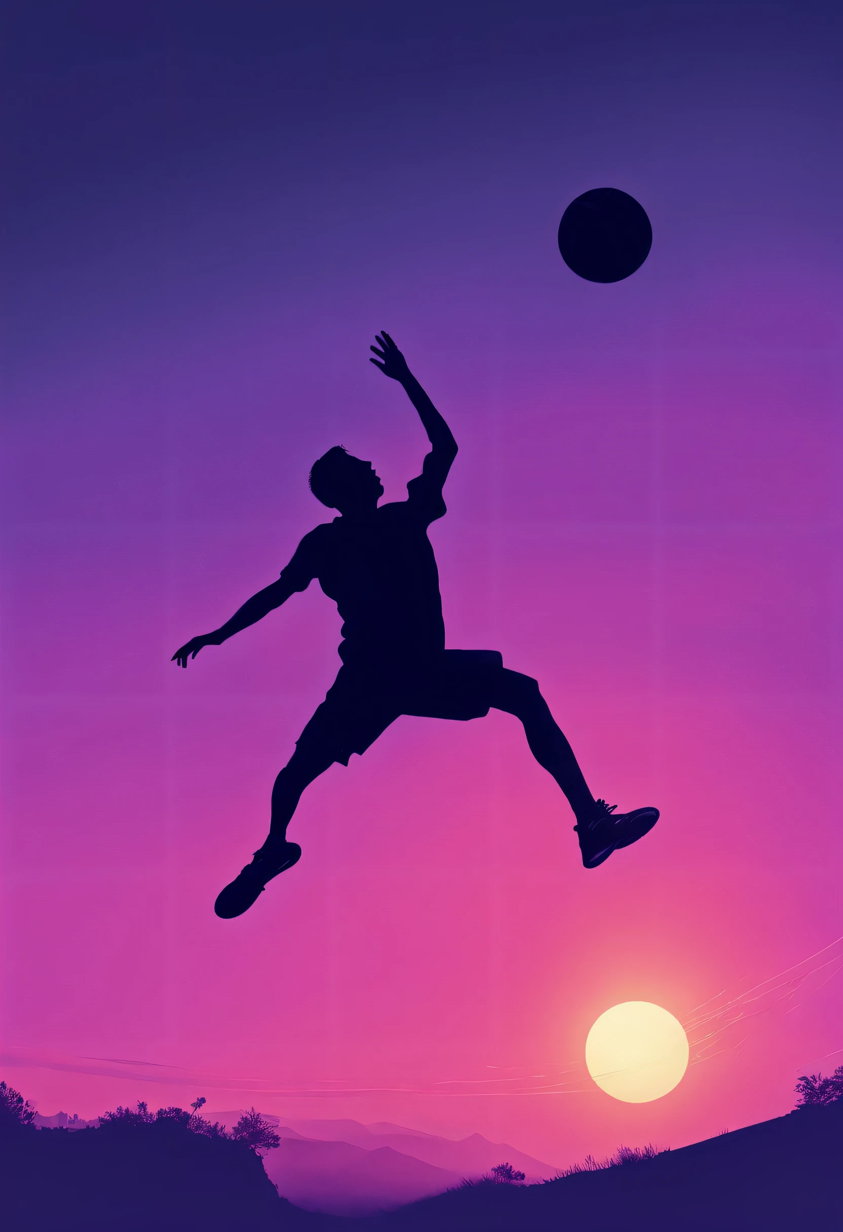 Depict an athlete in silhouette leaping dynamically to catch a ball against a twilight sky, gradient shifting from deep blue to vibrant purple, conveying a moment of exhilarating action and boundless energy