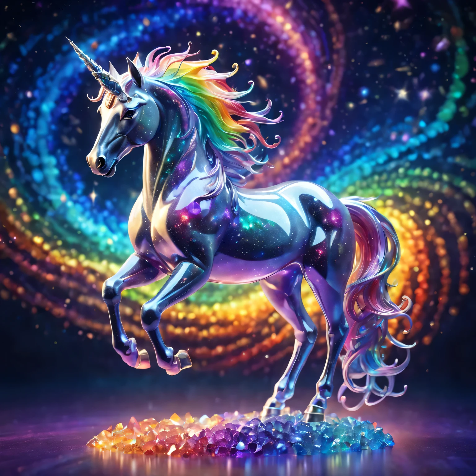 Crystal unicorn standing in front of colorful swirls，(Made of rainbow crystals)，iridescent colors and glowing scales, Obras de arte intrincadas . Rendered by Octane, Popular topics on artstationh,T symmetrical artwork. (night,starry sky,starlight, background with)normal, Surrealism, high detail, Rendered by Octane, 32k, bright colors, Broken glass effect, Astonishing, Wonderful presence, vitality, molecular, textured, Pure perfection, divine being, memorable, touch, Volumetric light, Rays, bright colors反射