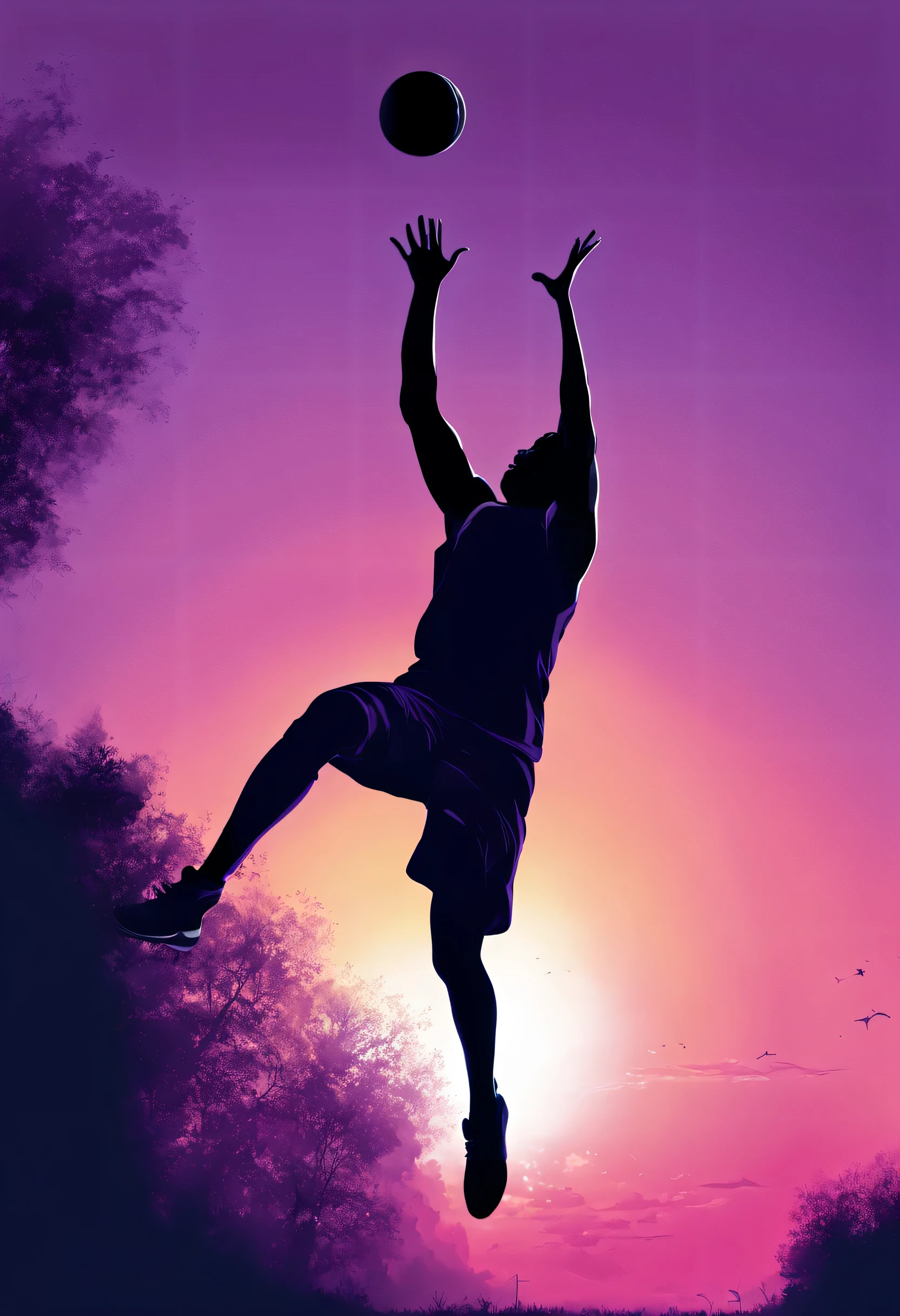 Depict an athlete in silhouette leaping dynamically to catch a ball against a twilight sky, gradient shifting from deep blue to vibrant purple, conveying a moment of exhilarating action and boundless energy