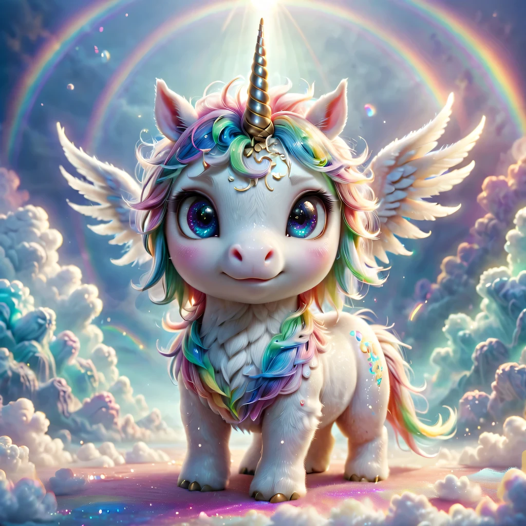 mysterious creature，cute pet，unicorn，Yu Ji，angel hope，Q version，cartoon，Cute and cute，rainbow，cloud，soft space，ethereal，bioluminescence，divinelight，old，undying，detailed details，lifelike，超级lifelike，epic mythology fantasy，Epic surrealism，epic magic fantasy，