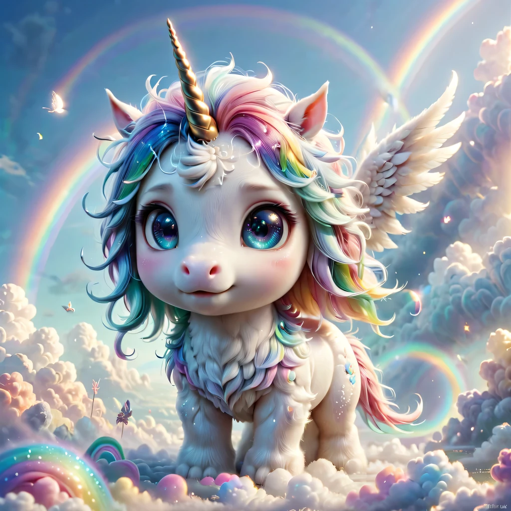 mysterious creature，cute pet，unicorn，Yu Ji，angel hope，Q version，cartoon，Cute and cute，rainbow，cloud，soft space，ethereal，bioluminescence，divinelight，old，undying，detailed details，lifelike，超级lifelike，epic mythology fantasy，Epic surrealism，epic magic fantasy，