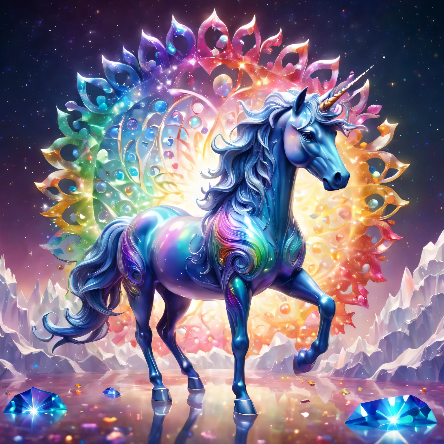 Crystal unicorn standing in front of colorful swirls,(Made of rainbow crystals),iridescent colors and glowing scales, Obras de arte intrincadas . Rendered by Octane, Popular topics on artstationh,T symmetrical artwork. (night,starry sky,starlight, background with)normal, Surrealism, high detail, Rendered by Octane, 32k, bright colors, Broken glass effect, Astonishing, Wonderful presence, vitality, molecular, textured, Pure perfection, divine being, memorable, touch, Volumetric light, Rays, bright colors反射
