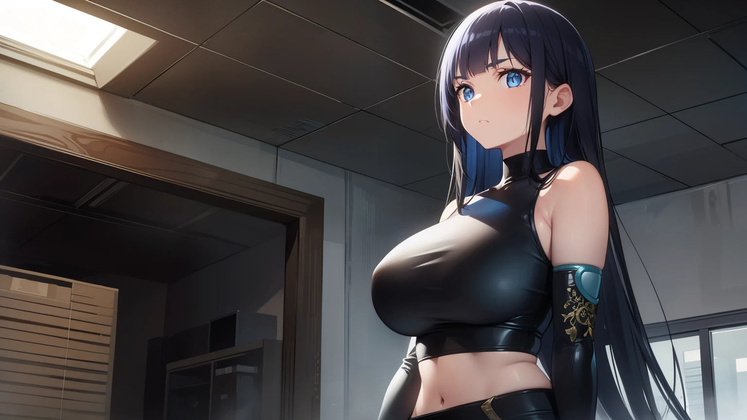 1woman, fit-muscled body, bright yellow eyes,dark blue hair , blue eyes, With round lenses, The audience watched carefully, (s face: 1.2), Perfect female figure, ((standing)), ((yellow Tight crop top leather suit)), ((shy and looking at viewert)), (Perfect thick white eyebrows)
BREAK bare shoulders,
BREAK looking at viewer,
BREAK outdoors, city,
BREAK (masterpiece:1.2), best quality, high resolution, unity 8k wallpaper, (illustration:0.8), (beautiful detailed eyes:1.6), extremely detailed face, perfect lighting, extremely detailed CG, (perfect hands, perfect anatomy),
