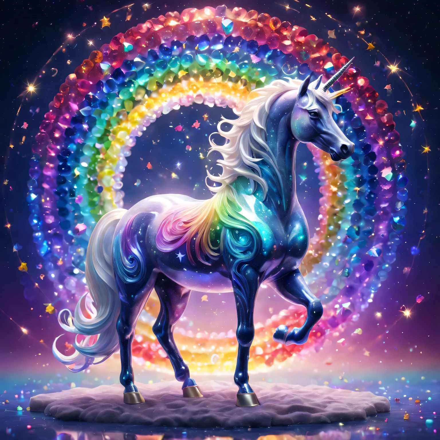 Crystal unicorn standing in front of colorful swirls,(Made of rainbow crystals),iridescent colors and glowing scales, Obras de arte intrincadas . Rendered by Octane, Popular topics on artstationh,T symmetrical artwork. (night,starry sky,starlight, background with)normal, Surrealism, high detail, Rendered by Octane, 32k, bright colors, Broken glass effect, Astonishing, Wonderful presence, vitality, molecular, textured, Pure perfection, divine being, memorable, touch, Volumetric light, Rays, bright colors反射