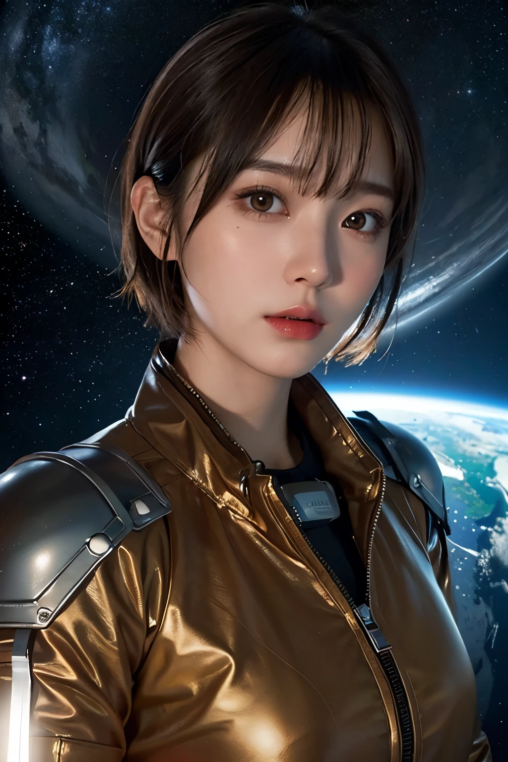 highest quality、masterpiece、ultra high resolution、(real:1.4)、Beautiful woman1、Beautiful details of eyes and skin、light brown short cut hair、The perfect spacesuit、spaceship、Earth、star、darkness、