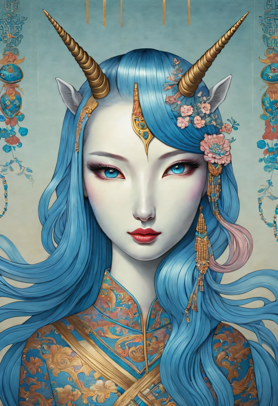 neofuturistic style, （unicorn），realistic hair，Chinese cloisonne，portrait, Beautiful detailed