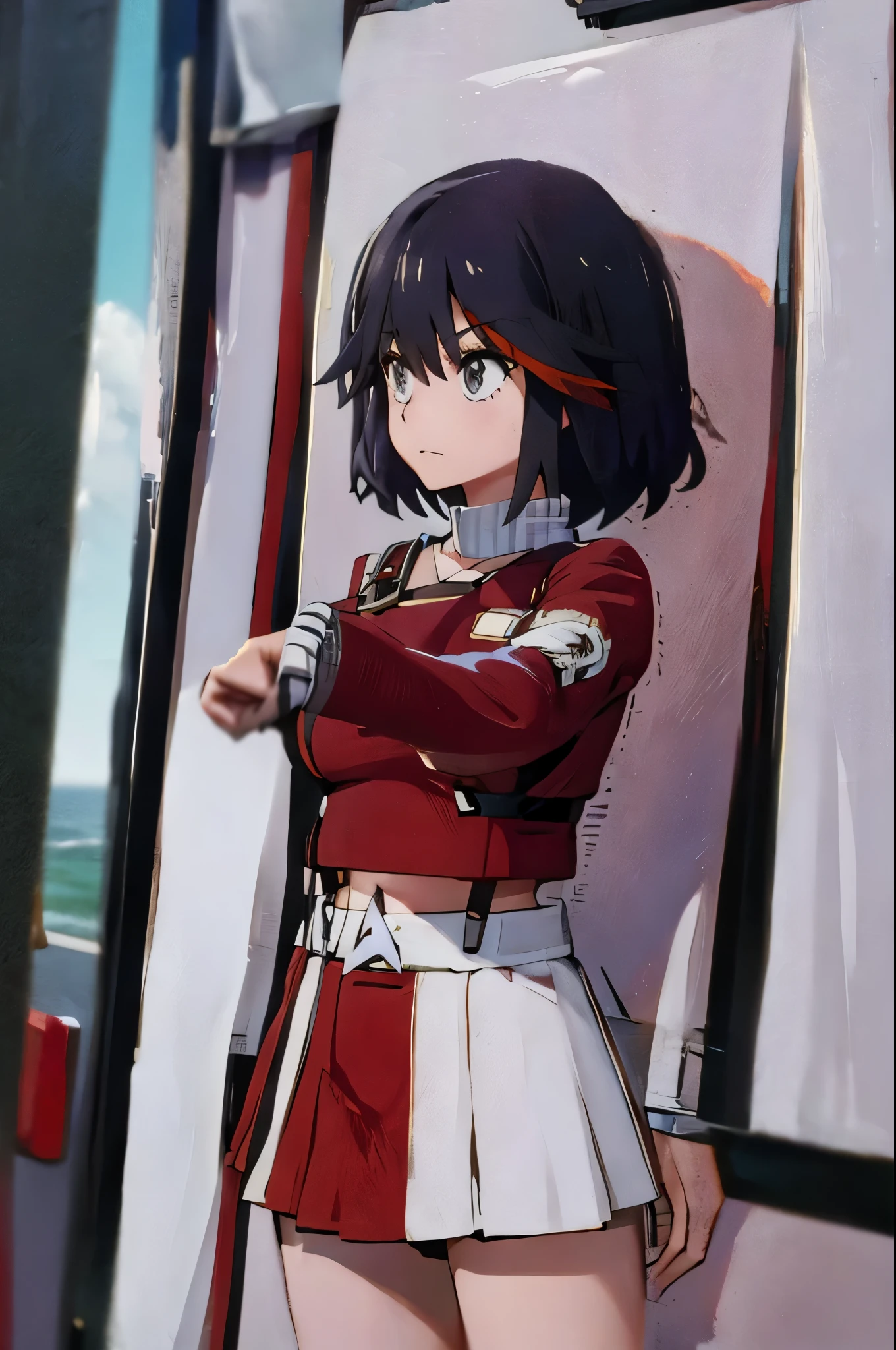 (((pixel-perfect, detail-perfect))), solo, 1girl,  ryuuko matoi,  serafuku, suspenders, navel, closed mouth, v eyebrows, looking at viewers twokunf uniform