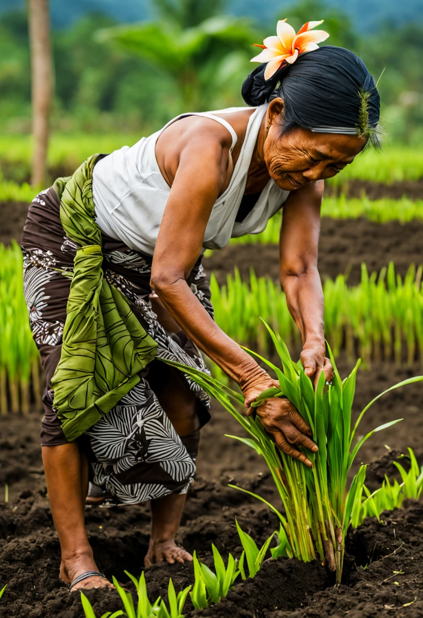 An Indonesian Java Island village woman is diligently planting rice plants in the soil, bending over at a 90-degree angle at the waist with her backs straight. She is wearing Java batik sarong wrapped knotted at hip and white tank-top.