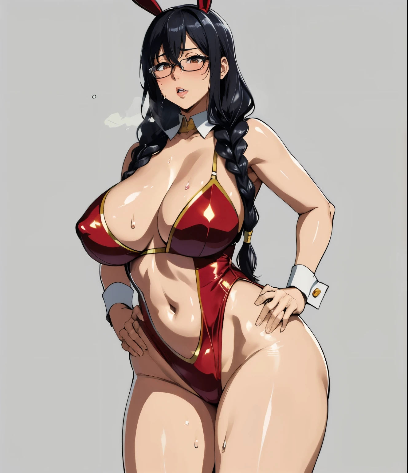 Super detailed illustrations、Super precise expression、masterpiece、highest quality、ultra high resolution、high resolution、(big breasts、Sweat、body fluid)、shiny skin、(black hair、long hair、Braid、glasses)、Bunny girl、Standing picture、Hands behind your hips、