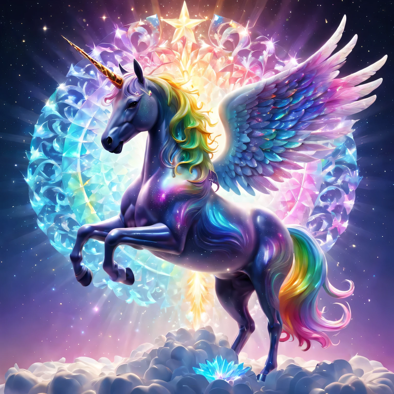 Crystal unicorn standing in front of colorful swirls，(Made of rainbow crystals)，iridescent colors and glowing scales, Glowing angel wings, Obras de arte intrincadas . Rendered by Octane, Popular topics on artstationh,T symmetrical artwork. (night,starry sky,starlight, background with)normal, Surrealism, high detail, Rendered by Octane, 32k, bright colors, Broken glass effect, Astonishing, Wonderful presence, vitality, molecular, textured, Pure perfection, divine being, memorable, touch, Volumetric light, Rays, bright colors反射