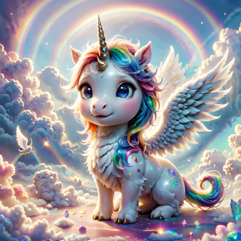 mysterious creature,cute pet,unicorn,Yu Ji,angel hope,Q version,cartoon,Cute and cute,rainbow,cloud,soft space,ethereal,bioluminescence,divinelight,old,undying,detailed details,lifelike,超级lifelike,epic mythology fantasy,Epic surrealism,epic magic fantasy,