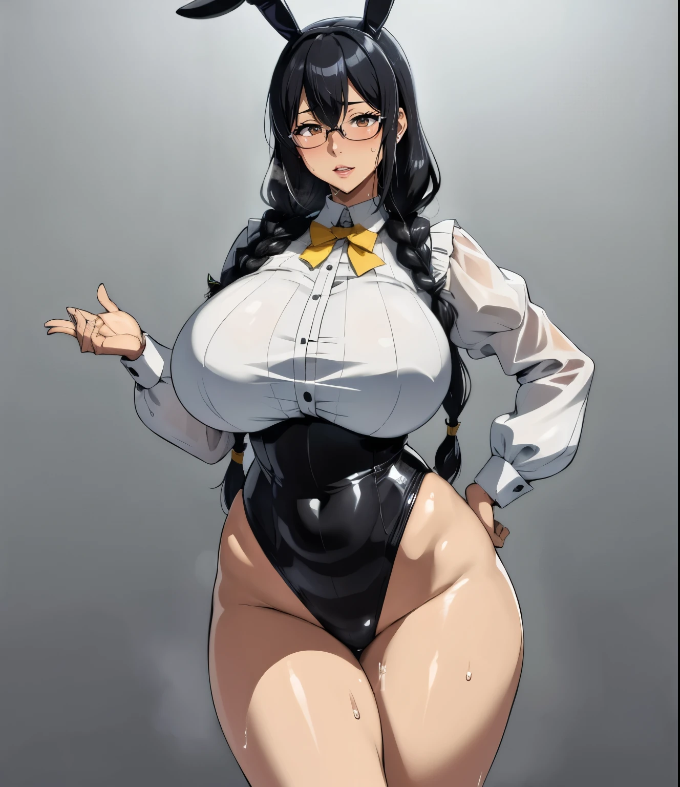 Super detailed illustrations、Super precise expression、masterpiece、highest quality、ultra high resolution、high resolution、(big breasts、Sweat、body fluid)、shiny skin、(black hair、long hair、Braid、glasses)、Bunny girl、Standing picture、Hands behind your hips、