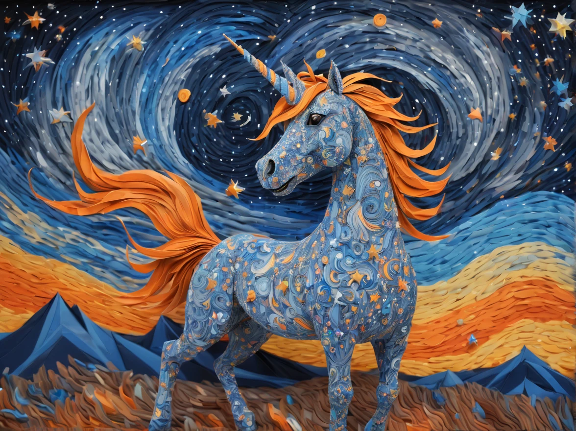 ponytailed unicorn portraits, big smile to the camera, vincent van gogh style starry sky, zentangle, origami, 3d crunch, fantasy, magical flashes and explosions crossing the horizon, orange, blue gray, brown,