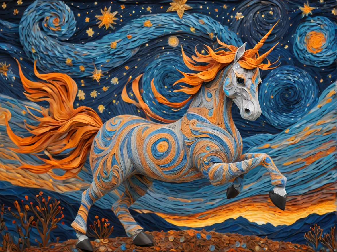 ponytailed unicorn portraits, big smile to the camera, vincent van gogh style starry sky, zentangle, origami, 3d crunch, fantasy, magical flashes and explosions crossing the horizon, orange, blue gray, brown,