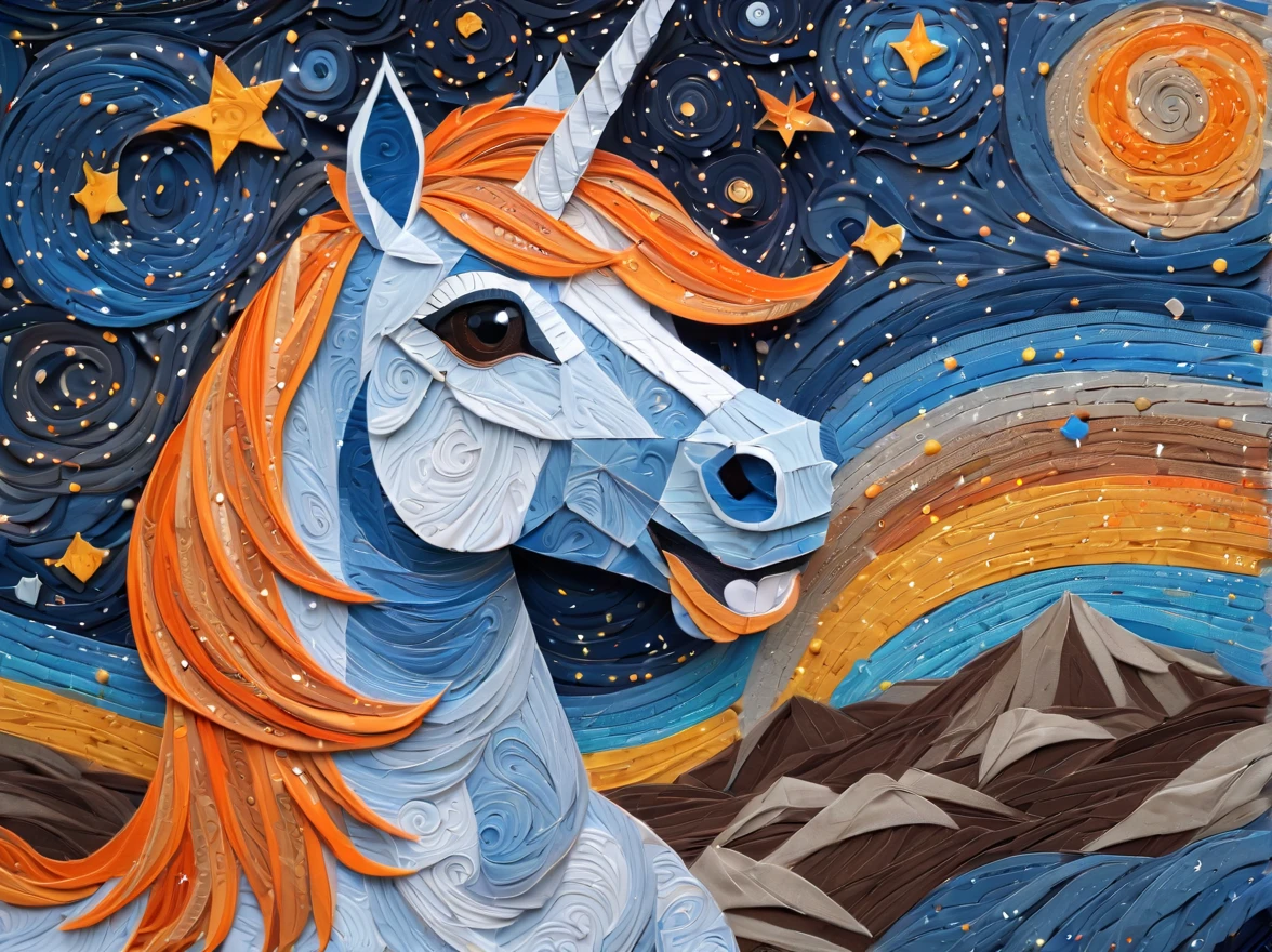 ponytailed unicorn portraits, big smile to the camera, vincent van gogh  style starry sky, zentangle, origami, 3d crunch, fantasy, magical flashes and explosions crossing the horizon, orange, blue gray, brown,