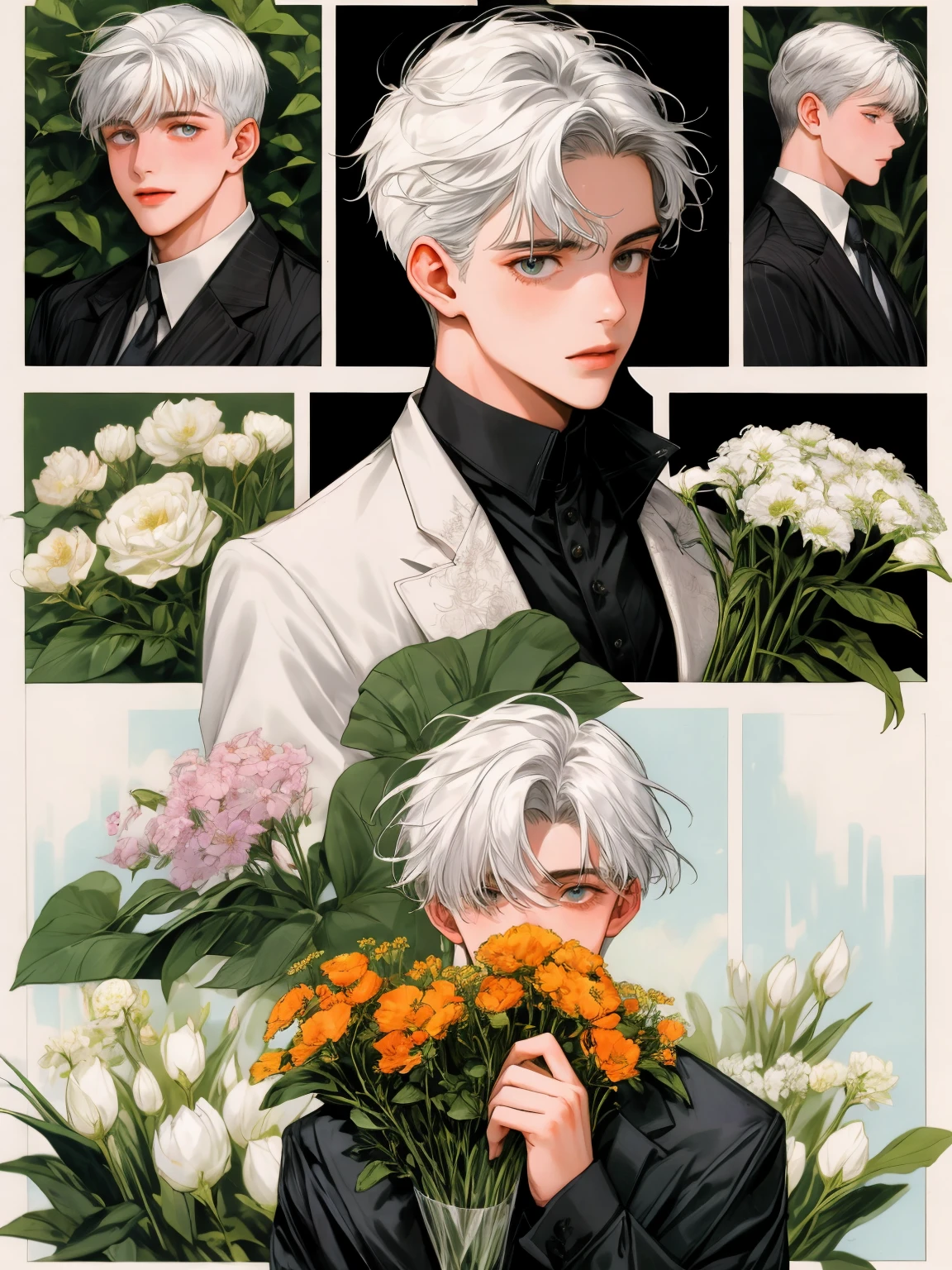masterpiece, collage of teenage boy holding flowers, happy, silver hair