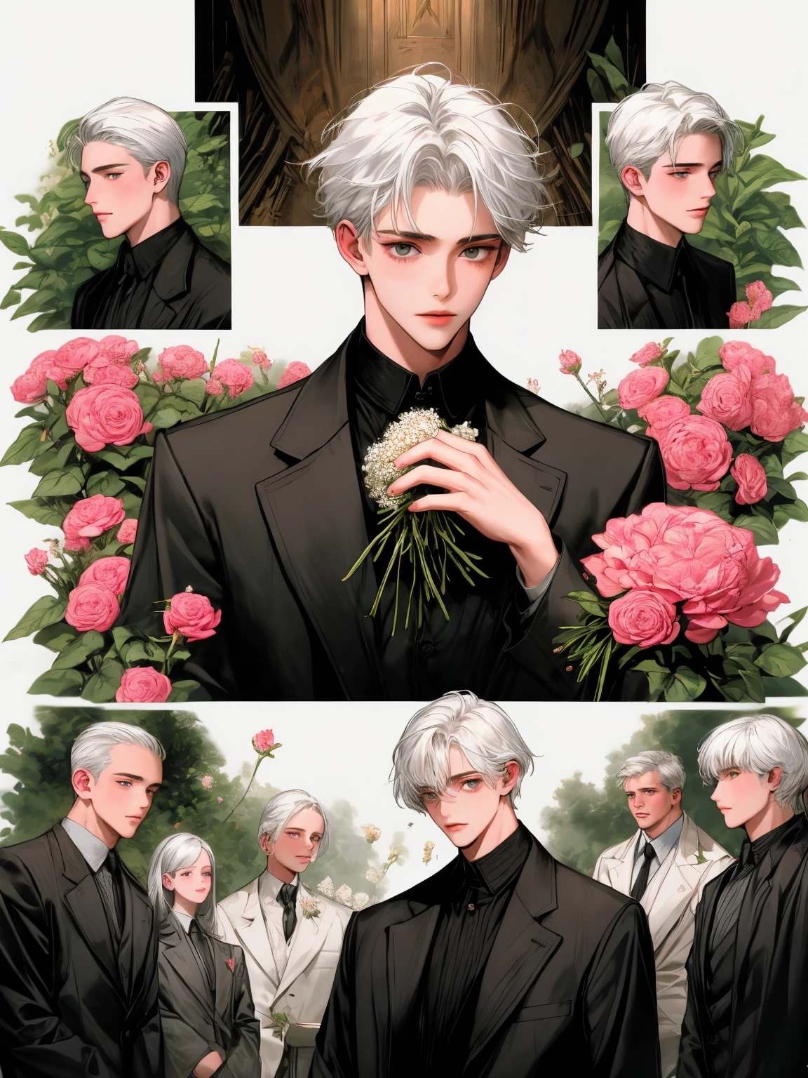 masterpiece, collage of teenage boy holding flowers, happy, silver hair