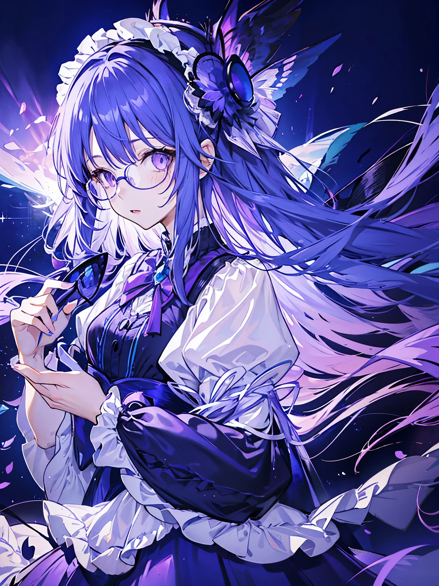 10th generation women、Long hair with a gradient of blue to purple、purple eyes、Long Sleeve ta Clothing、Lots of frills、headdress、Rimless round glasses、background（universe）