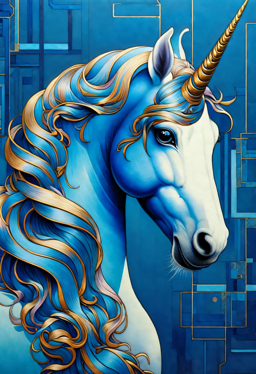 neofuturistic style, （unicorn），realistic hair，Chinese cloisonne，portrait, Beautiful detailed