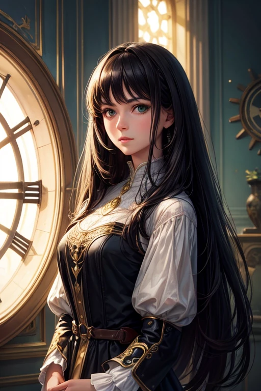inspired by a real event, going back to the past, in time and space, true masterpiece, high quality, realistic, a woman, clear face, beautiful, brunette, long black hair, green eyes, detailed face, sharp details, resolution ultra-high, uhd, canon 5d taken from medium distance in Boom Shot using a Yashica Electro 35 Mirrorless CC camera, use soft lighting. Focus the light and create sharp, defined edges with images of clocks and space