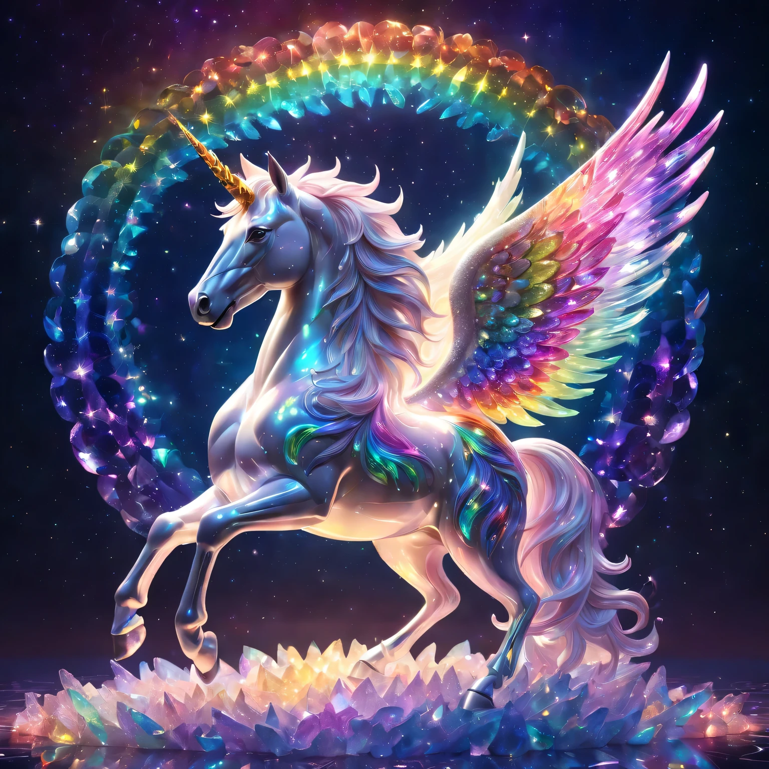 Crystal unicorn standing in front of colorful swirls,(Made of rainbow crystals),iridescent colors and glowing scales, Glowing angel wings, Obras de arte intrincadas . Rendered by Octane, Popular topics on artstationh,T symmetrical artwork. (night,starry sky,starlight, background with)normal, Surrealism, high detail, Rendered by Octane, 32k, bright colors, Broken glass effect, Astonishing, Wonderful presence, vitality, molecular, textured, Pure perfection, divine being, memorable, touch, Volumetric light, Rays, bright colors反射