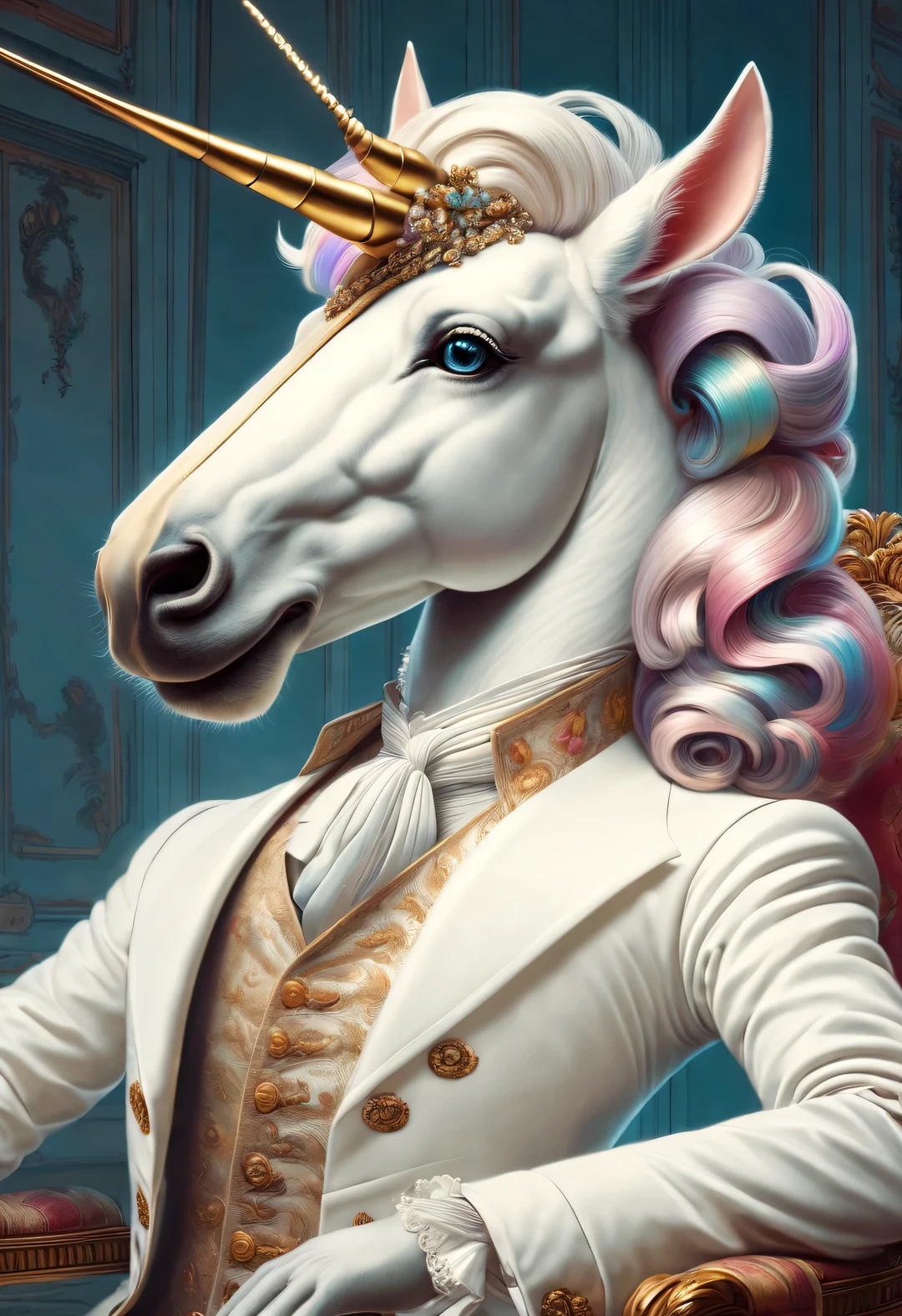 neofuturistic style, （Anthropomorphic unicorns，Dressed in the elegant hairstyle and white clothing of an 18th century French aristocrat），portrait, Beautiful detailed，