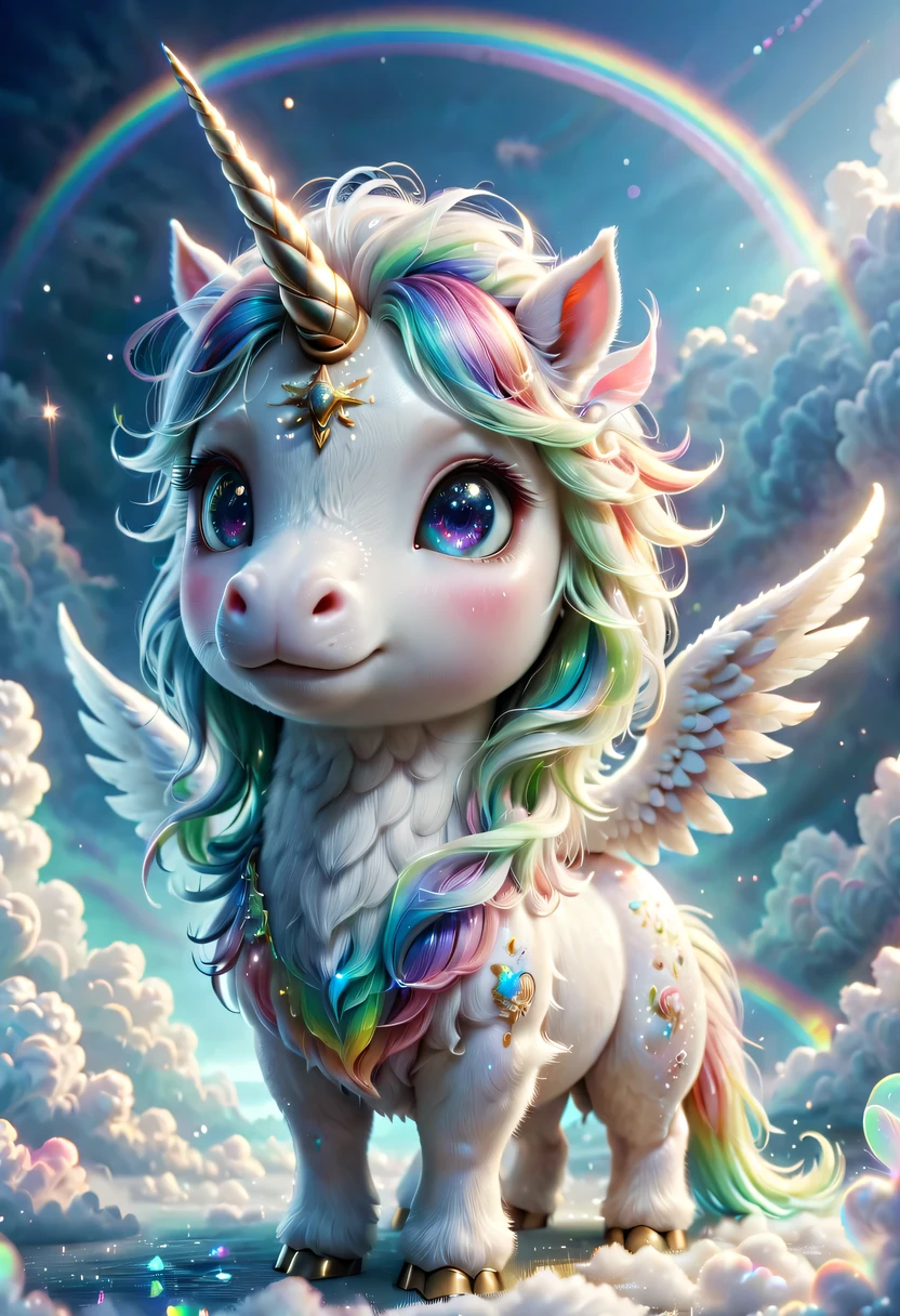 mysterious creature,cute pet,unicorn,Yu Ji,angel hope,Q version,cartoon,Cute and cute,rainbow,cloud,soft space,ethereal,bioluminescence,divinelight,old,undying,detailed details,lifelike,超级lifelike,epic mythology fantasy,Epic surrealism,epic magic fantasy,