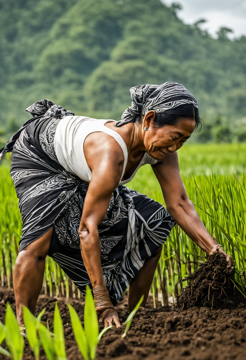 An Indonesian Java Island village 50 yo woman is diligently planting rice plants in the soil, bending over at a 90-degree angle at the waist with her backs straight. She is wearing Java batik sarong wrapped knotted at hip and white tank-top.