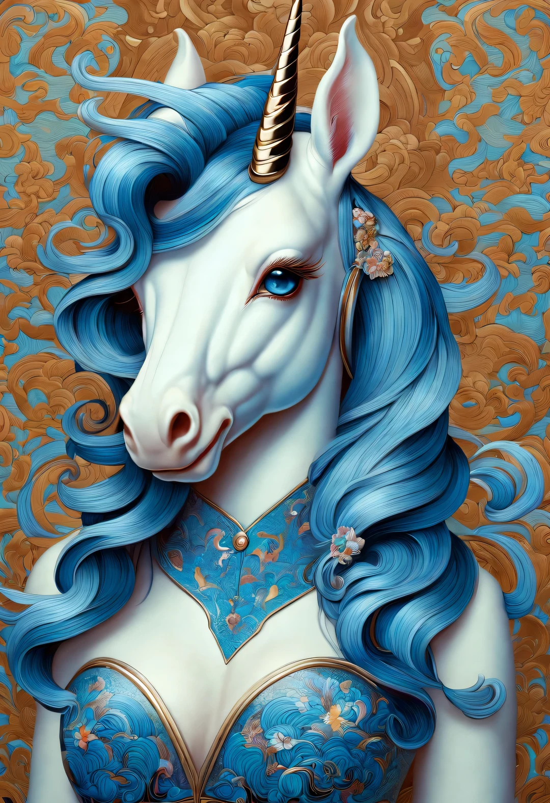 neofuturistic style, （unicorn），realistic hair，Chinese cloisonne，portrait, Beautiful detailed