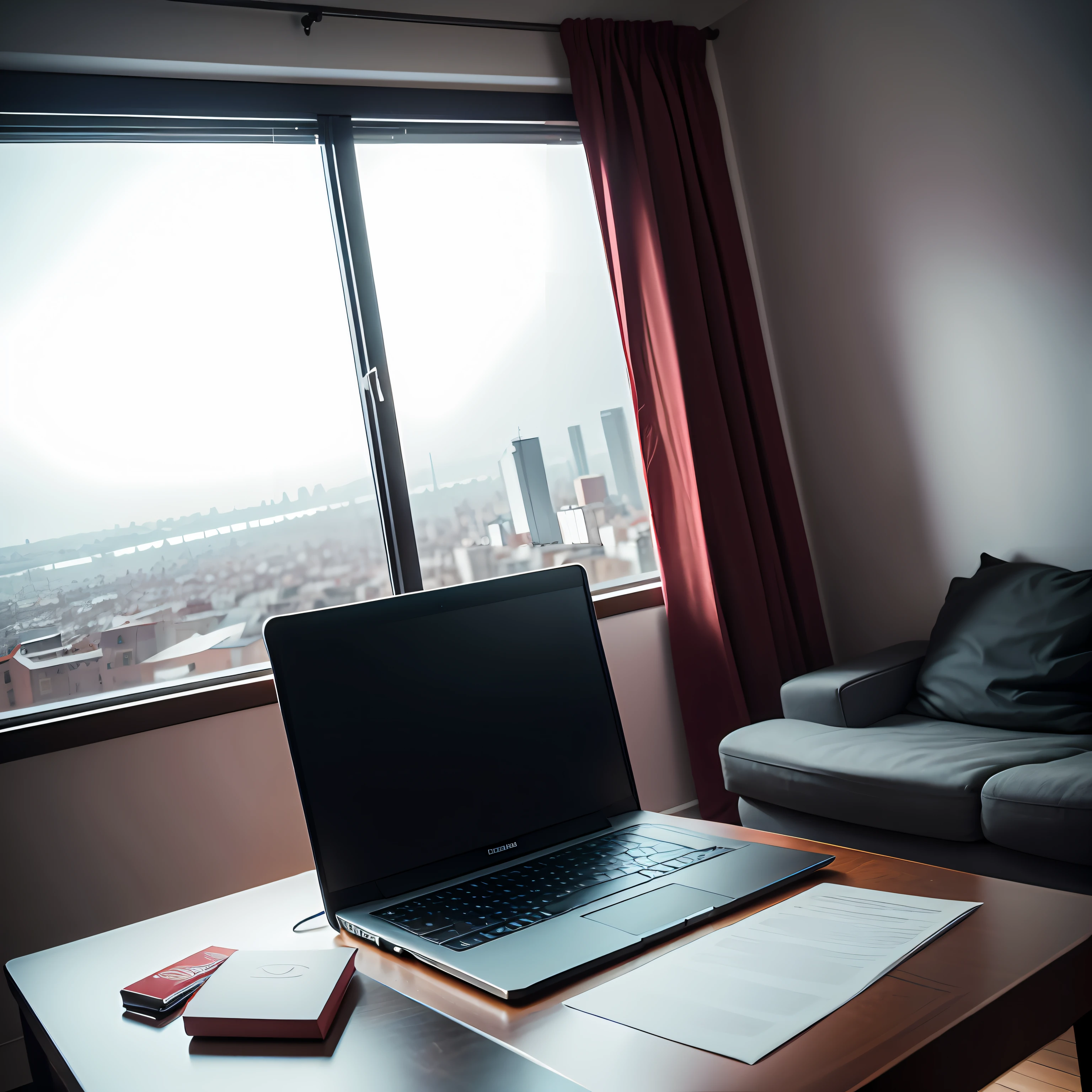 foco no laptop e caderno encima da mesa, com uma cadeira vermelha do lado, dark room with intimate lighting and large window with city, sem nenhuma pessoa na imagem, fotorealista (DSLR) --auto