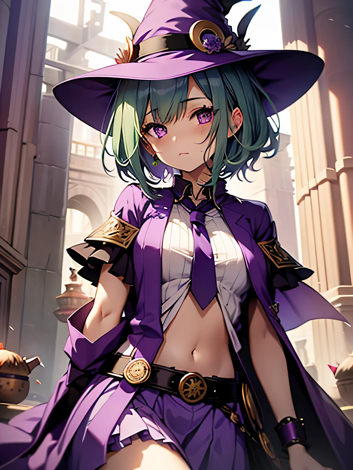highest quality、very delicate and beautiful、(teenage girl)、purple eye、green hair、short hair、(purple witch hat)、Purple tie、I、short sleeve、purple skirt、Purple Wizard Robe、navel cat、((setsubun))