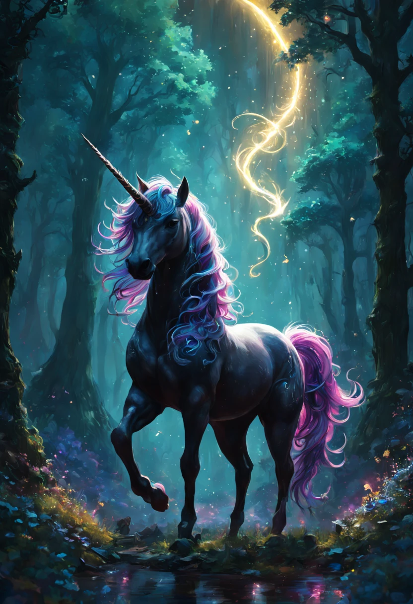 (Fantasy Unicorn:1.5), bronze filigree, intricate hyperdetailed painting by Jonas De Ro, Gustave Klimt clouds, Ismail Inceoglu, Huang Guangjian, CGSociety, ZBrush Central, fantasy art, album cover art, 8k resolution, intricately beautiful, forest, glitter, fireflies, magical atmosphere, intense glow, cool color scheme, high definition, detailed matte painting, deep color, fantastical, intricate detail, splash screen, complementary colors, fantasy concept art, 8k resolution trending on Artstation Unreal Engine 5