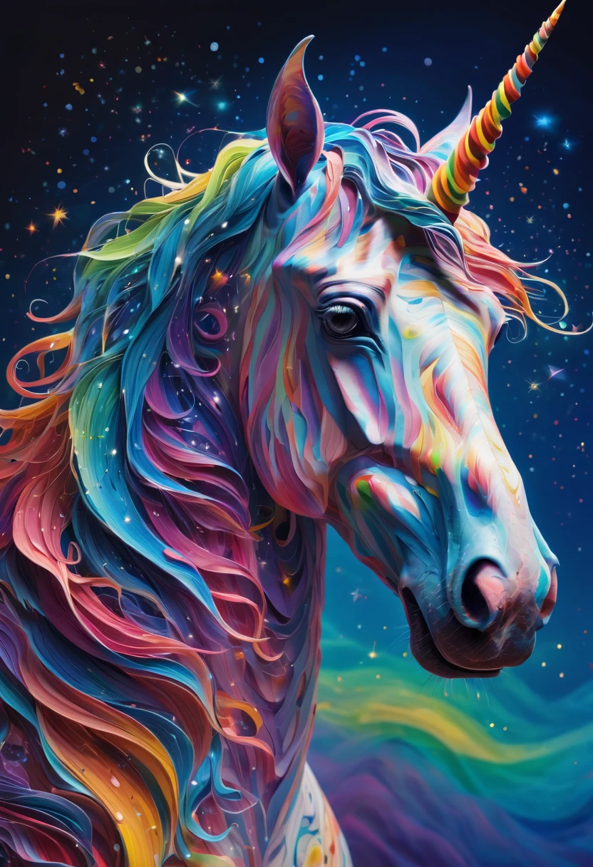 (best quality,4k,highres:1.2),ultra-detailed,photorealistic,fine brushstrokes,colorful palette:norainbow,studio lighting,imaginative unicorn,curly wavy rainbow,beautifully decorated ponytail,sparkling eyes:2.2,flowing mane and tail,bright vibrant colors,playful and joyful expression,ethereal and whimsical atmosphere,celestial and dreamy background,elaborate and intricate zentangle patterns,paper-like texture,crisp folds and creases on origami figures,kinetic and dynamic 3D elements,illusion of movement and depth,mythical creatures and enchanting landscapes,magical lights and sparkles,explosions of vivid colors and celestial bodies,flowing and swirling starry sky,van Gogh's signature thick impasto strokes,starry night swirls and swirls of paint,harmonious fusion of realism and fantasy,dream-like and surreal composition,emphasized brushwork and visible texture.