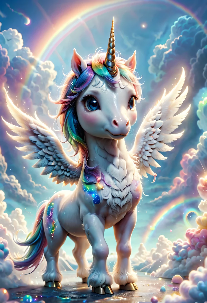 mysterious creature，cute pet，unicorn，Yu Ji，angel hope，Q version，cartoon，Cute and cute，rainbow，cloud，soft space，ethereal，bioluminescence，divinelight，old，undying，detailed details，lifelike，超级lifelike，epic mythology fantasy，Epic surrealism，epic magic fantasy，