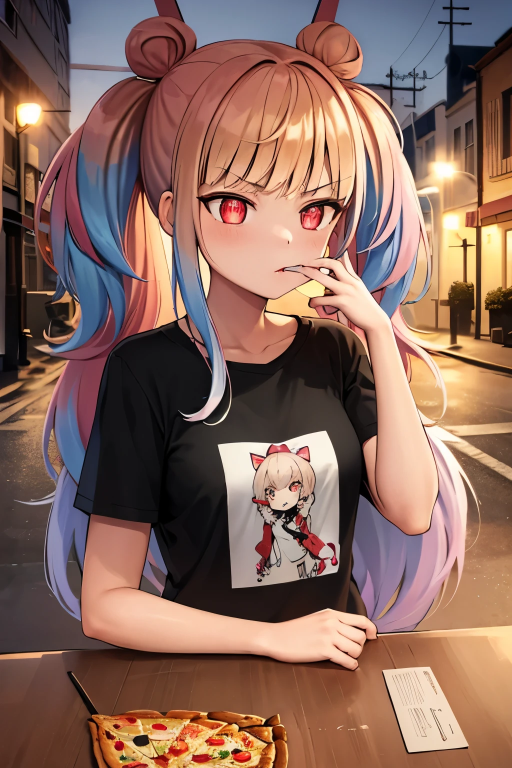 masterpiece, highest quality, disorganized, perfect anatomy, 1 girl, alone, Sivapso, long hair, twin tails, T-shirt, eat, table, Upper body, pizza, Happy, lamp, outdoor, street, lamppost, 