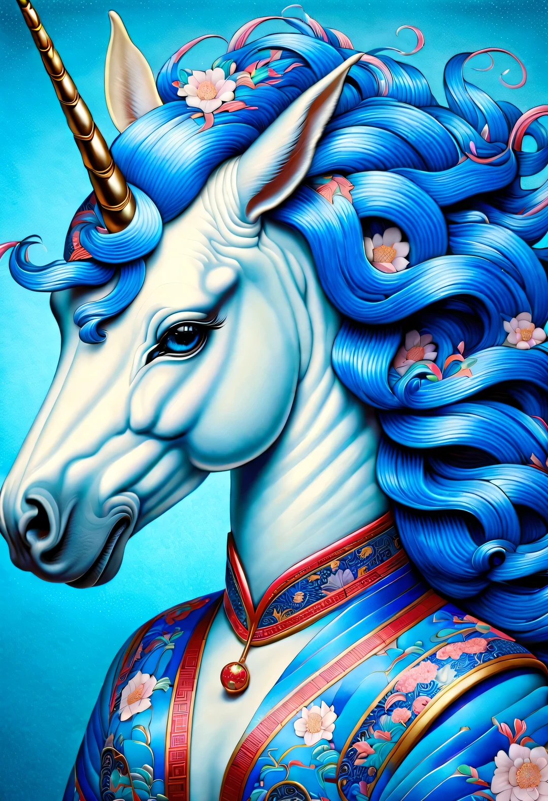 neofuturistic style, （unicorn），realistic hair，Chinese cloisonne，portrait, Beautiful detailed