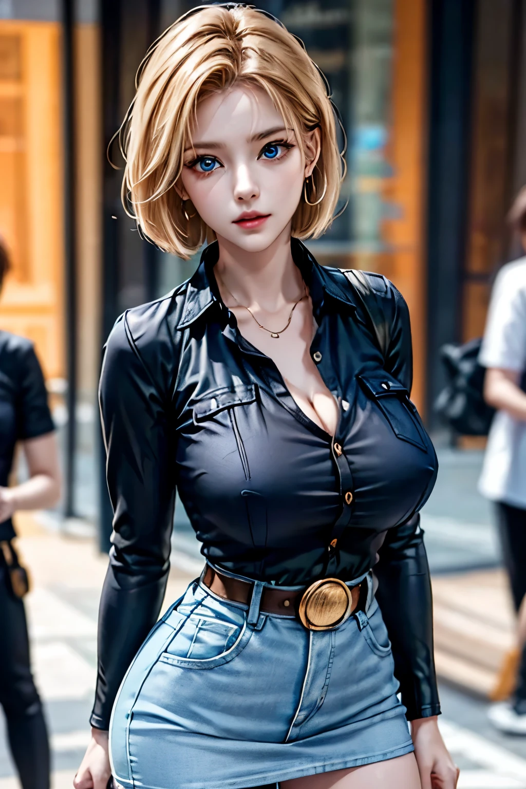 android 18, android 18, blonde hair, blue eyes, eyelash, hoop earrings, short hair, earrings, break belt, black legwear, black shirt, breast pocket, cleavage, clavicle, denim, denim skirt, high-waist skirt, jewelry, long sleeve, pocket, shirt, shirt tucked in, skirt, striped, striped sleeves, waistcoat,, break outdoors, city, null, cloud, sun, break looking at viewer, (cowboy shot:1.5), break (masterpiece:1.2), highest quality, High resolution, unity 8k wallpaper, (shape:0.8), (beautiful and detailed eyes:1.6), highly detailed face, perfect lighting, Very detailed CG, (perfect hands, perfect anatomy)
