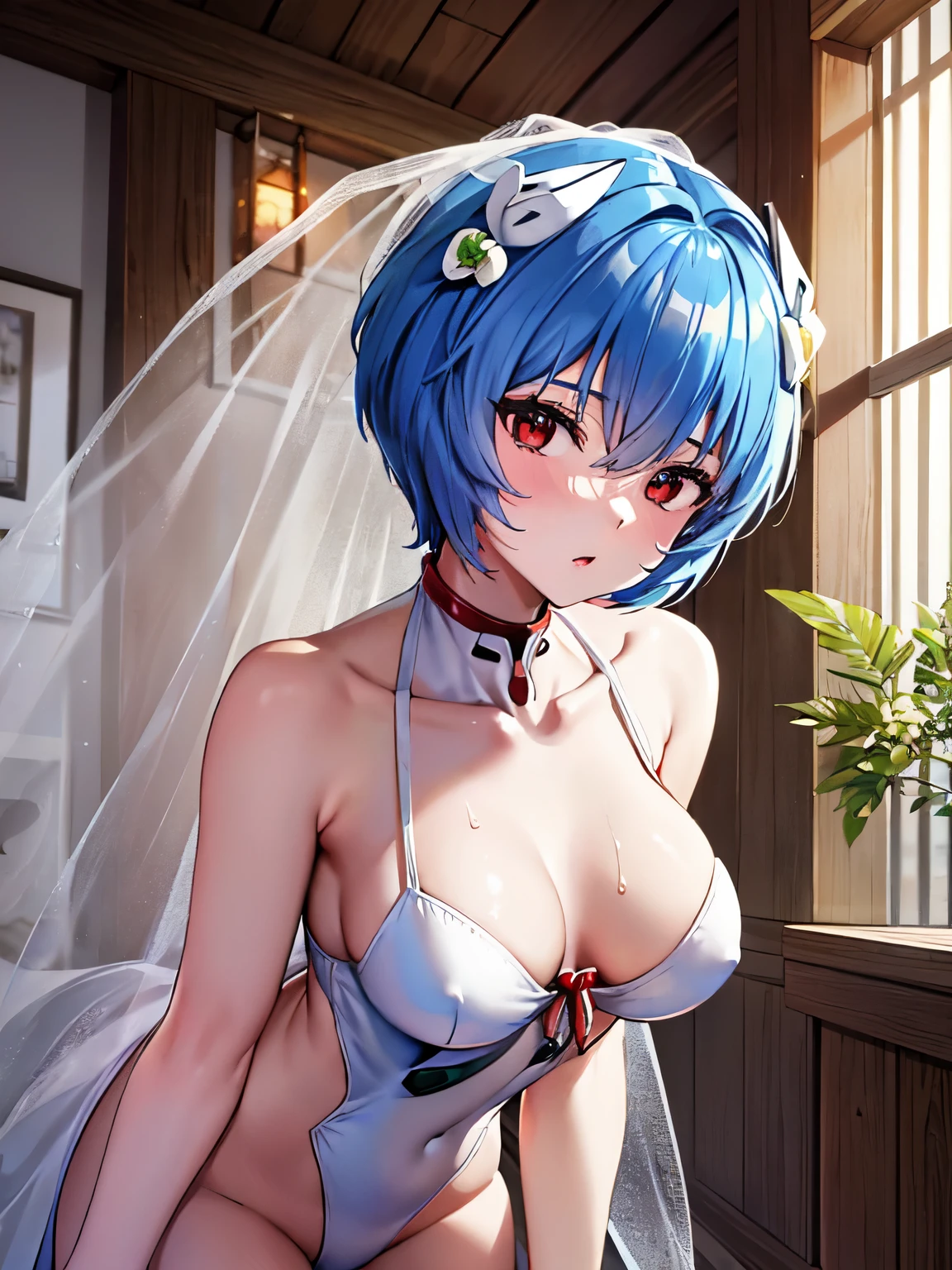 NSFW、((Rei Ayanami、evangerion))、primary school student、、No breasts、small breasts、low cephalobody、、Round contour、nude、Expressionless、short hair、a lot of sweat、bridal costume、Wedding Veil、church、Fluttering petals、Wearing an iron collar、Put your hands behind your head、bind one's body with chains、restrain one's body with silver chains、Slave Pose、show one's side、a lot of sweat