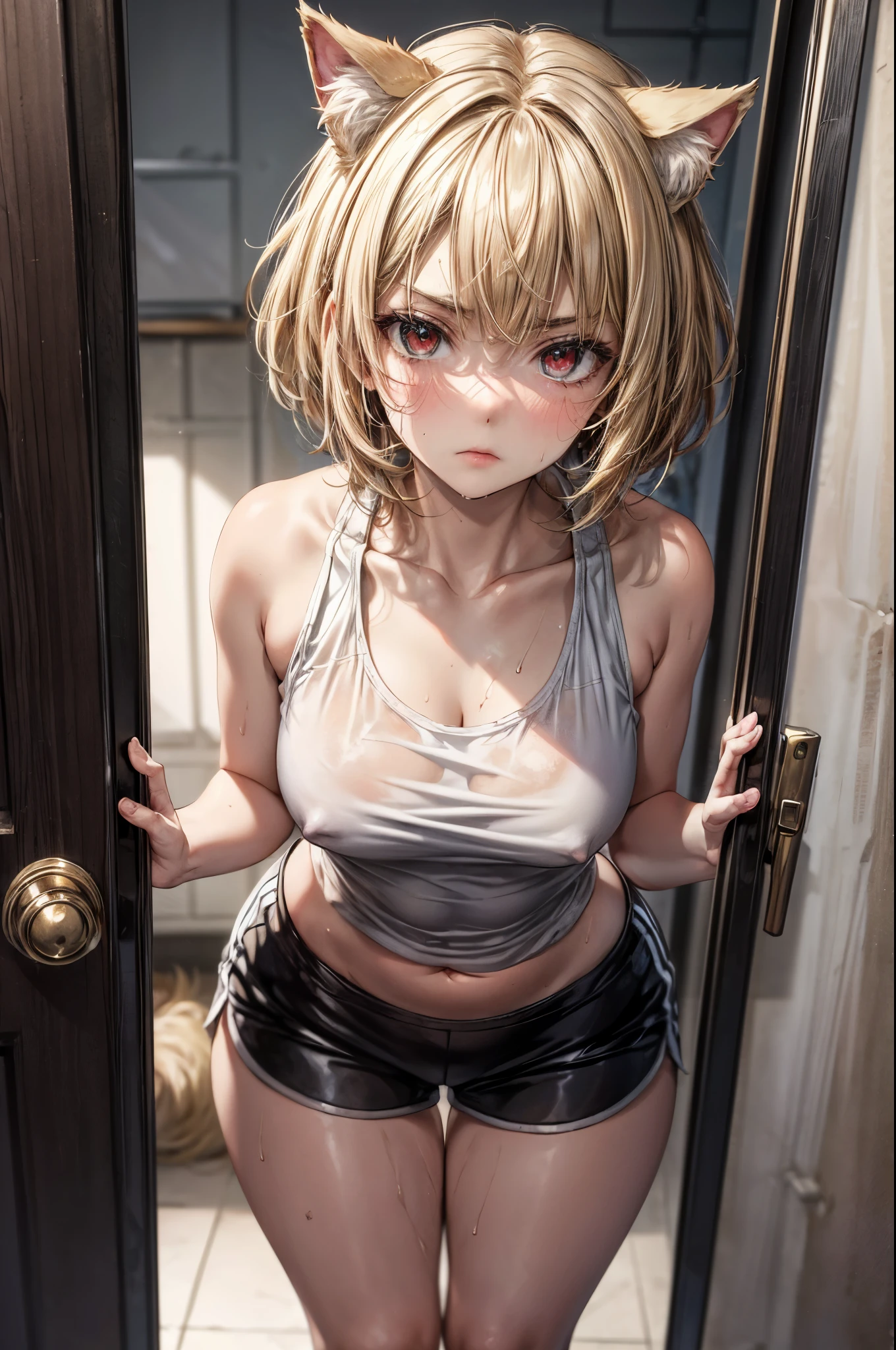 Solo, 1girl, College Aged, Fluffy Blonde Cat Ears, Dirty Blond Hair Colour, Fluffy Pixie Cut Hair Style, Red Eyes, Adorable Face, Flushed Cheeks, Pouty Expression, Furrowed Eyebrows, Cheek Puffed Out, Sweaty, See-Through White Tank Top, Black Sport Shorts, Small Breasts, Wide Hips, Big Round Ass, Thick Squishy Thighs, Fluid Leaking Down Inner Thighs, Standing in Open Doorway, NSFW, 18+, Masterpiece, 4K Resolution