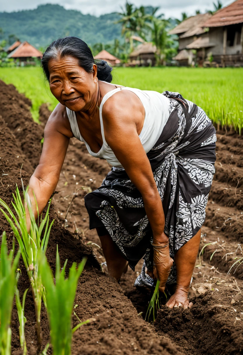 An Indonesian Java Island village 50 yo woman is diligently planting rice plants in the soil, bending over at a 90-degree angle at the waist with her backs straight. She is wearing Java batik sarong wrapped knotted at hip and white plunging neckline tank-top. She is full figured curvaceous voluptuous enormous big bulging 38DD breasts toned abs. Front view facing viewer.