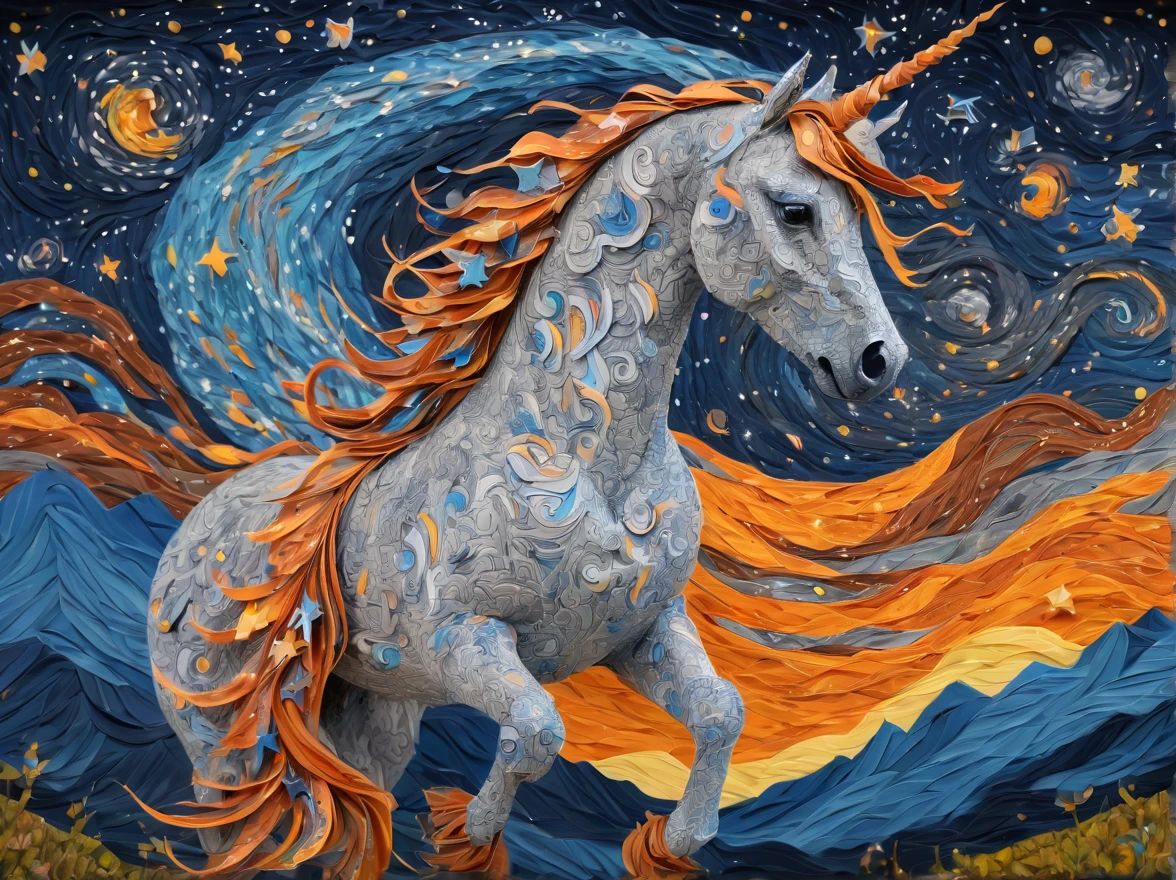 ponytailed unicorn portraits, big smile to the camera, vincent van gogh style starry sky, zentangle, origami, 3d crunch, fantasy, magical flashes and explosions crossing the horizon, orange, blue gray, brown,