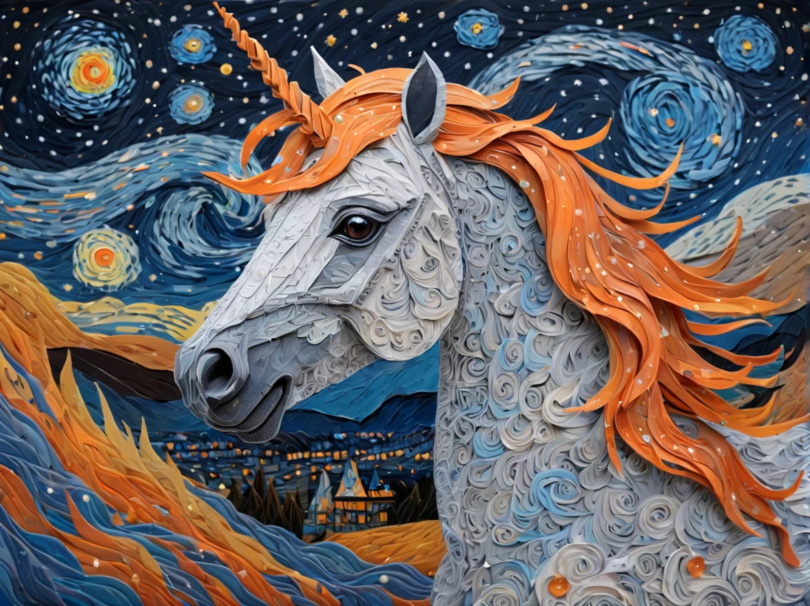 ponytailed unicorn portraits, big smile to the camera, vincent van gogh  style starry sky, zentangle, origami, 3d crunch, fantasy, magical flashes and explosions crossing the horizon, orange, blue gray, brown,