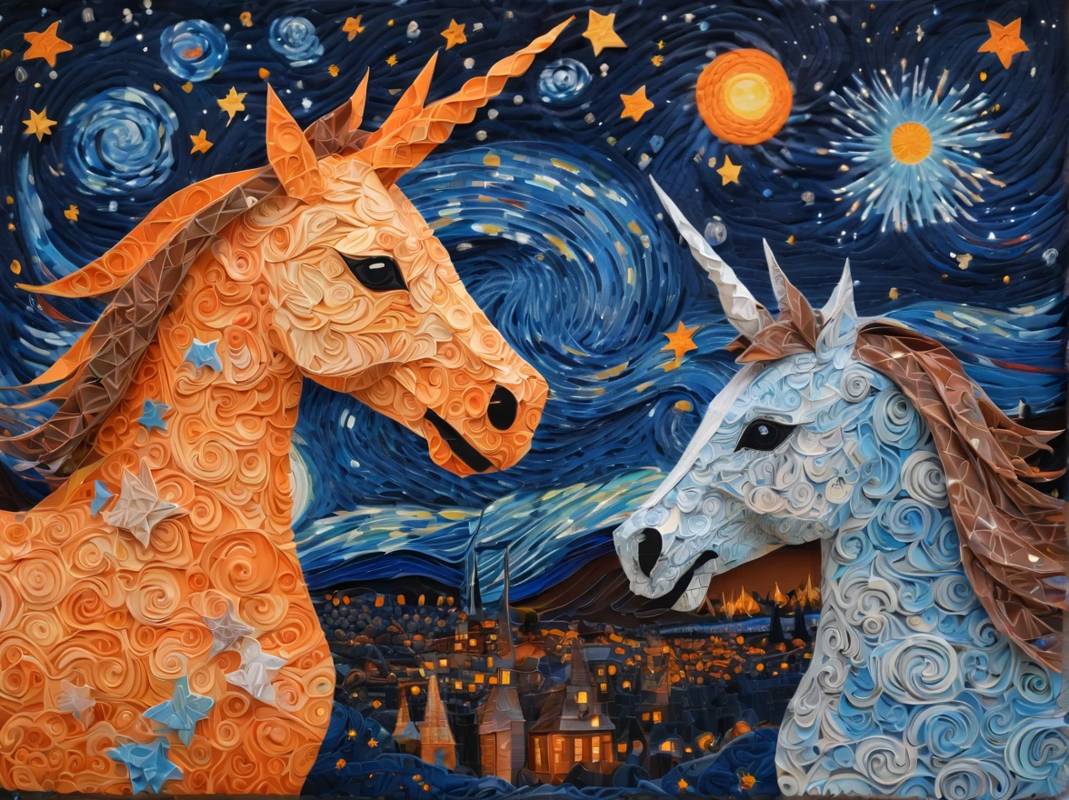 ponytailed unicorn portraits, big smile to the camera, vincent van gogh  style starry sky, zentangle, origami, 3d crunch, fantasy, magical flashes and explosions crossing the horizon, orange, blue gray, brown,