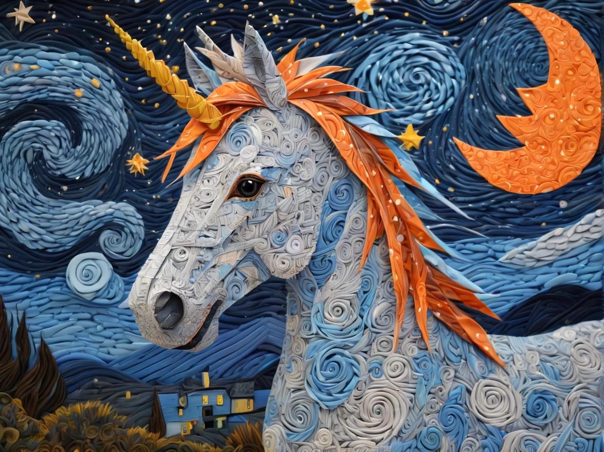 ponytailed unicorn portraits, big smile to the camera, vincent van gogh  style starry sky, zentangle, origami, 3d crunch, fantasy, magical flashes and explosions crossing the horizon, orange, blue gray, brown,