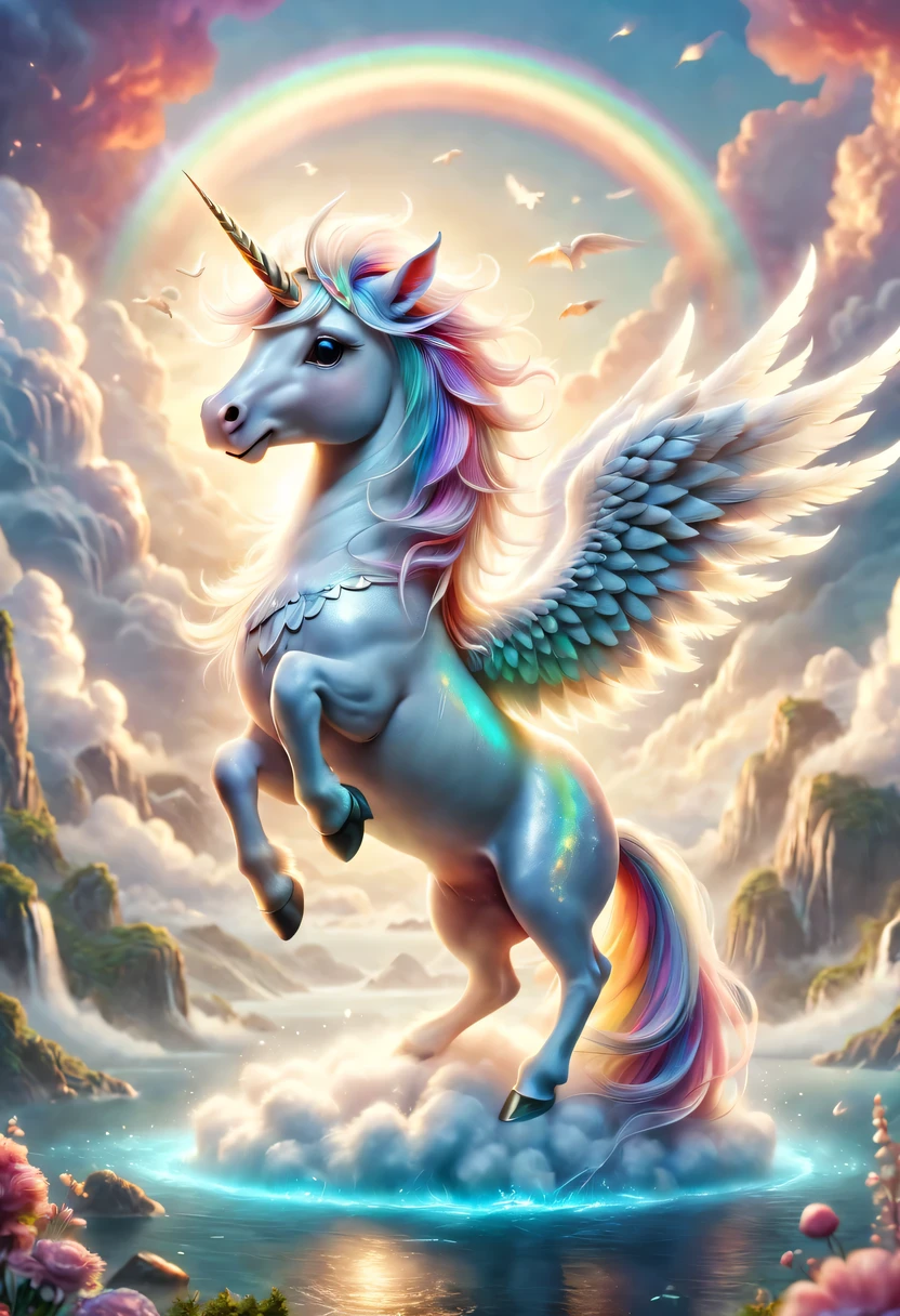 mysterious creature，cute pet，unicorn，Yu Ji，angel hope，Q version，cartoon，Cute and cute，rainbow，cloud，soft space，ethereal，bioluminescence，divinelight，old，undying，detailed details，lifelike，超级lifelike，epic mythology fantasy，Epic surrealism，epic magic fantasy，