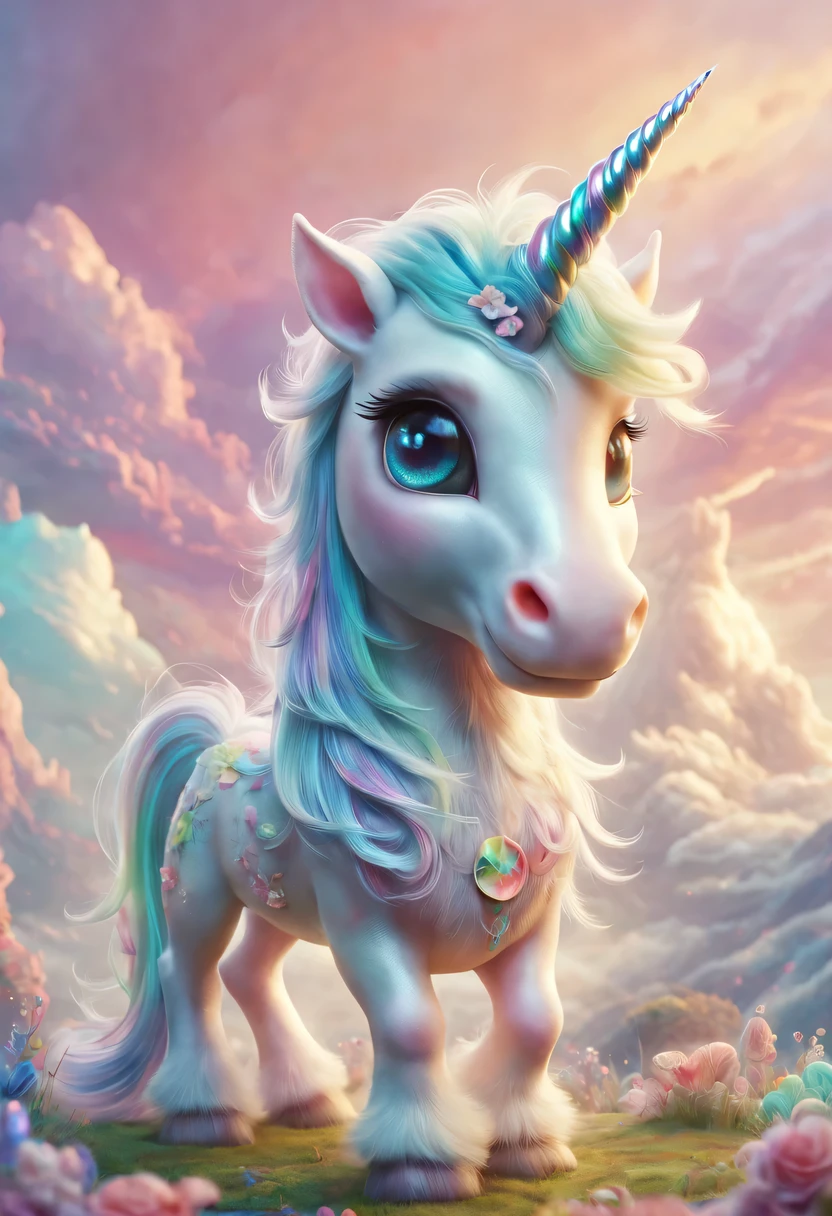 mysterious creature,cute pet,unicorn,Yu Ji,angel hope,Q version,cartoon,Cute and cute,rainbow,cloud,soft space,ethereal,bioluminescence,divinelight,old,undying,detailed details,lifelike,超级lifelike,epic mythology fantasy,Epic surrealism,epic magic fantasy,