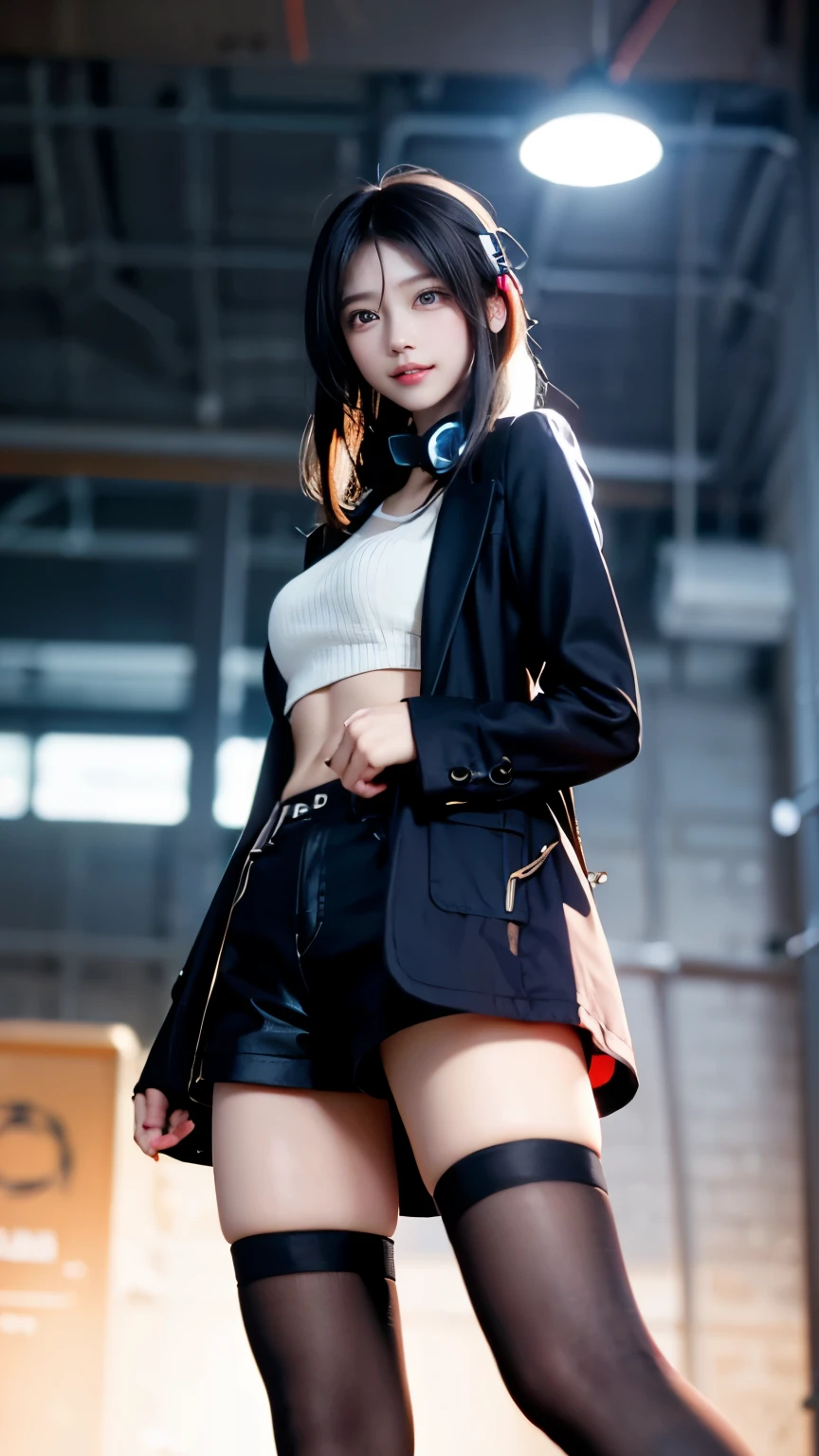 、Supermodel、perfect shape、Muchimuchi、Three girls are looking at the viewer、　3 girls、、Thighhighs、beautiful feet、coat、cyber punk、headphone、gentle smile、Seen by girls from below、Innocent face、mini skirt
