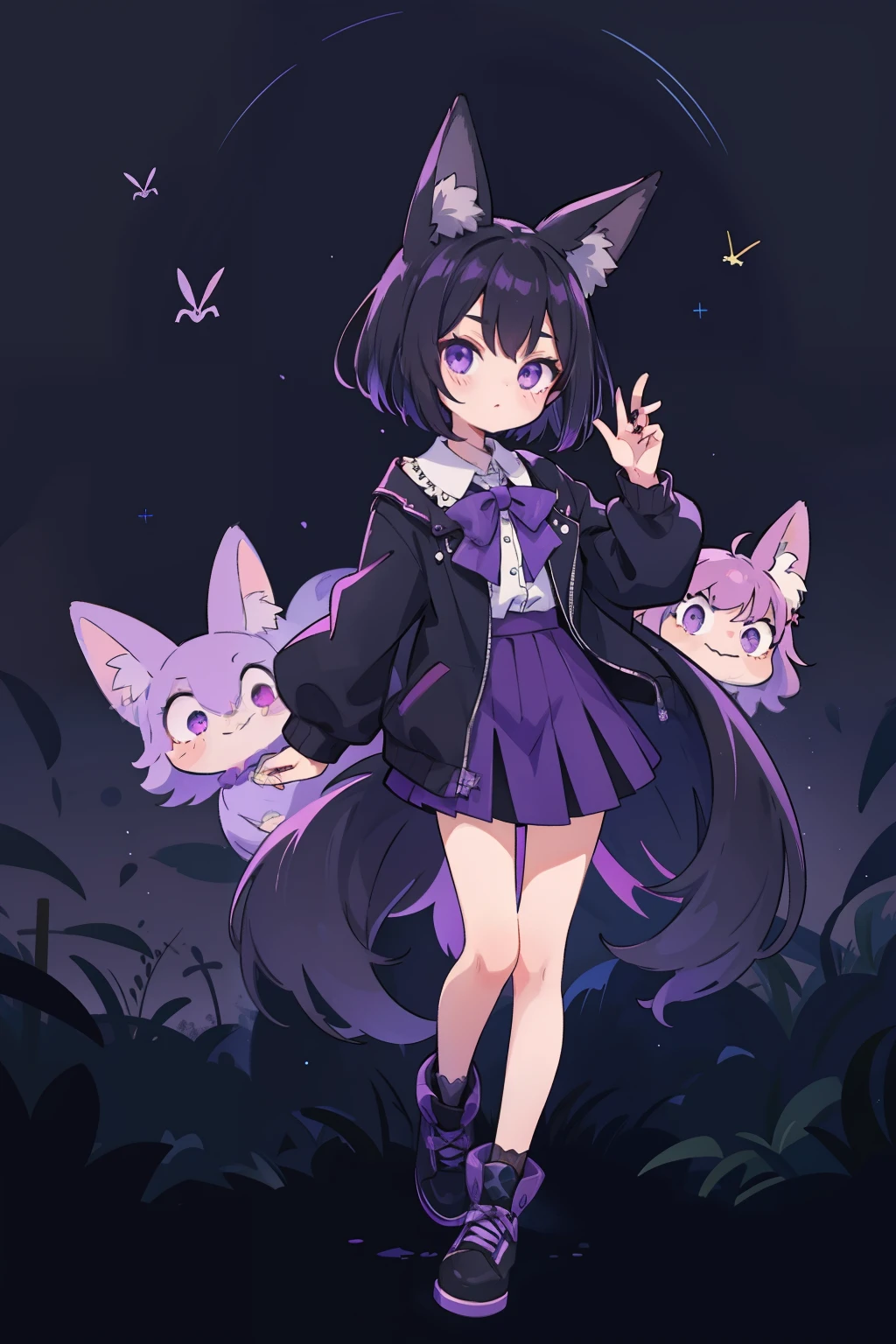 Nera Zelorine, virtual Youtuber, spider theme, black hair with purple gradient, purple eyes, upright pose, short hair, fox ears, wearing a short skirt with spider theme